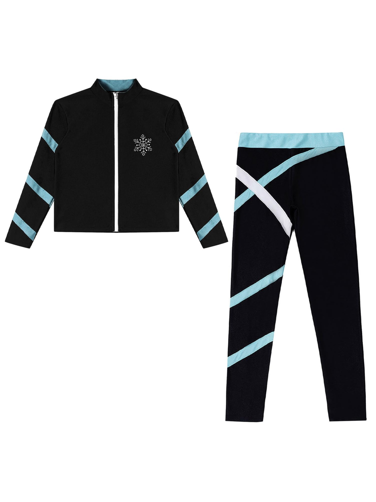 CHICTRY Eiskunstlauf Trainingsanzug Mädchen Thermo Jacke Glitzer Strass Langarm Streifen Patchwork Eislaufhose Tanzhose Hellblau 122-128