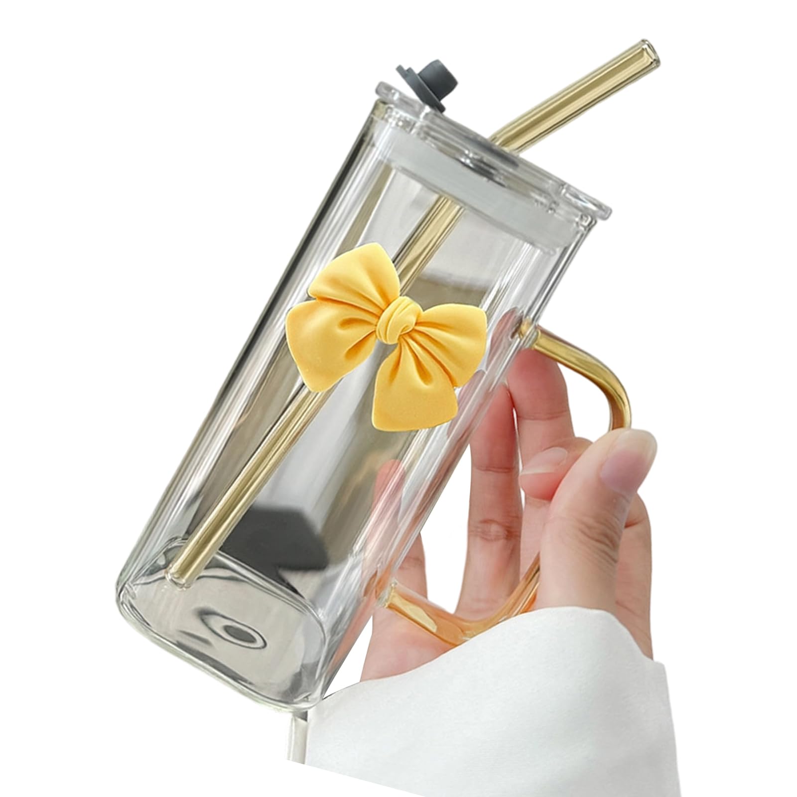 Xinsheinelry 400ml Square Glass Drinking Cup with Straw and Bowknot Accent Water Tumblers Mug for Various Beverages Glass Cup
