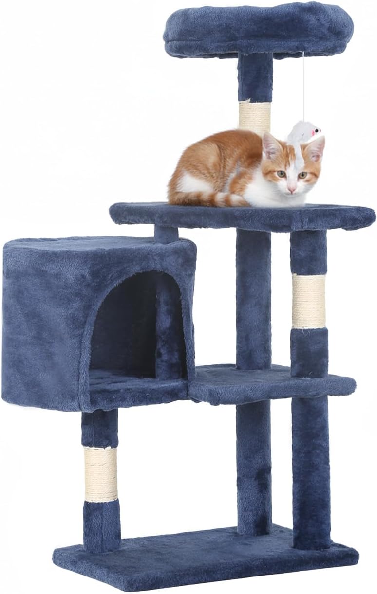 PayLessHere 36in Cat Tree Tower with Scratching Post, Condo & Furry Toys - Navy Blue Activity Center for Indoor Cats