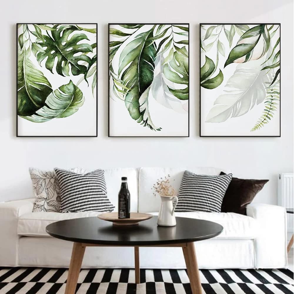Herfair 3er Set Premium Poster, Moderne Bilder Abstrakt Botanik Pflanzen Bild Grüne Blätter Poster, Wanddeko für Schlafzimmer und Wohnzimmer, Ohne Rahmen (40x50cm)