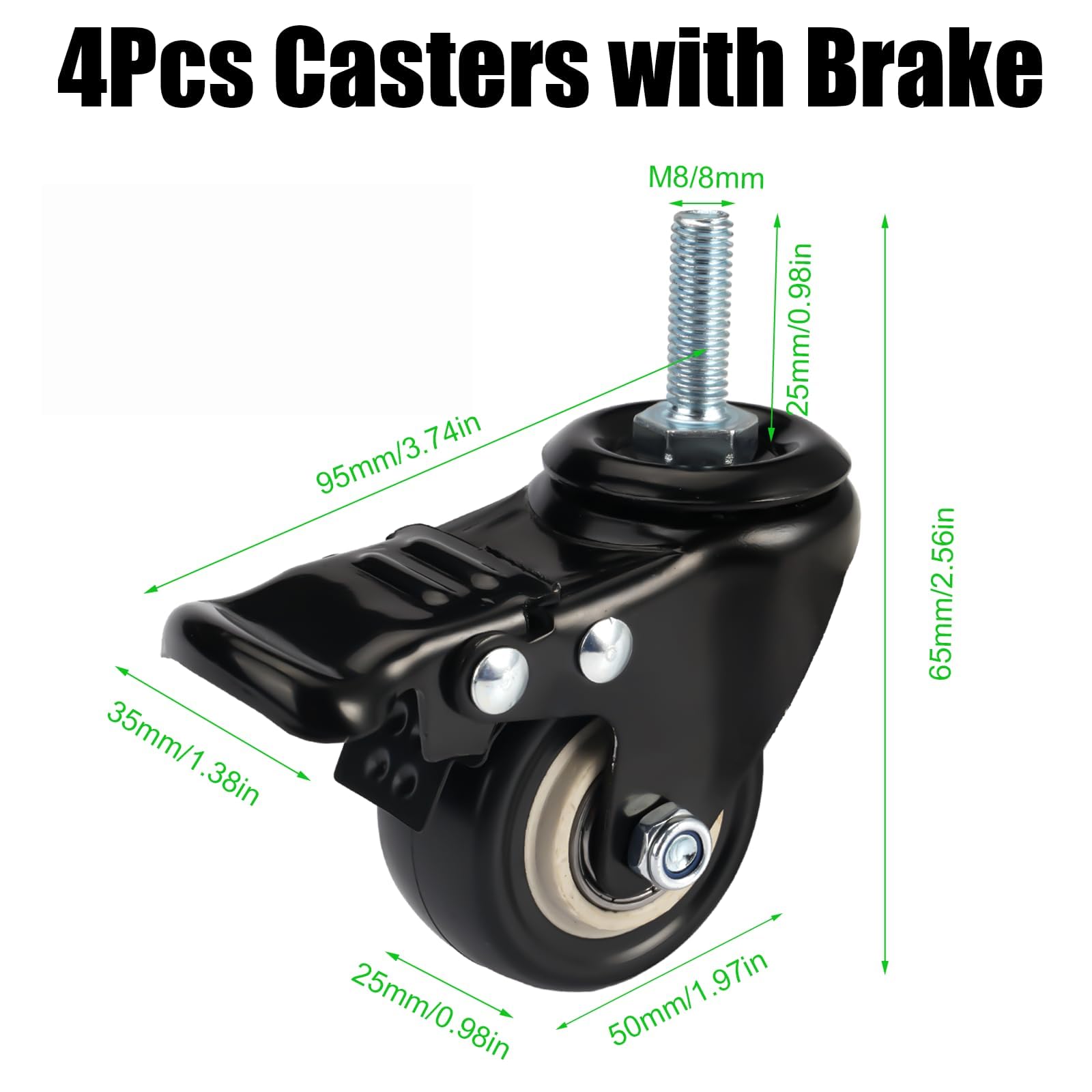 Castors Set of 4, M8 x 25 mm Castors with Brakes - Image 3