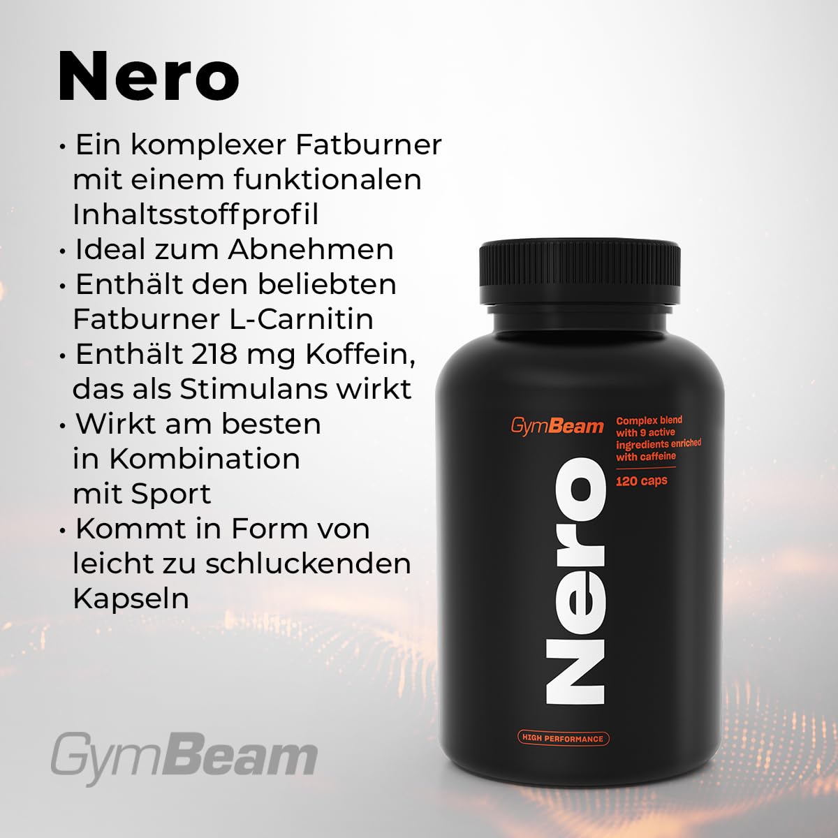 Nero Fatburner – L Carnitin Komplex mit 200 mg Koffein pro Portion, hochdosiert – Fettverbrenner mit MACA, Grüntee Extrakt, Bromelain & Schwarztee Extrakt, ohne Zusatzstoffe – GymBeam, 120 caps