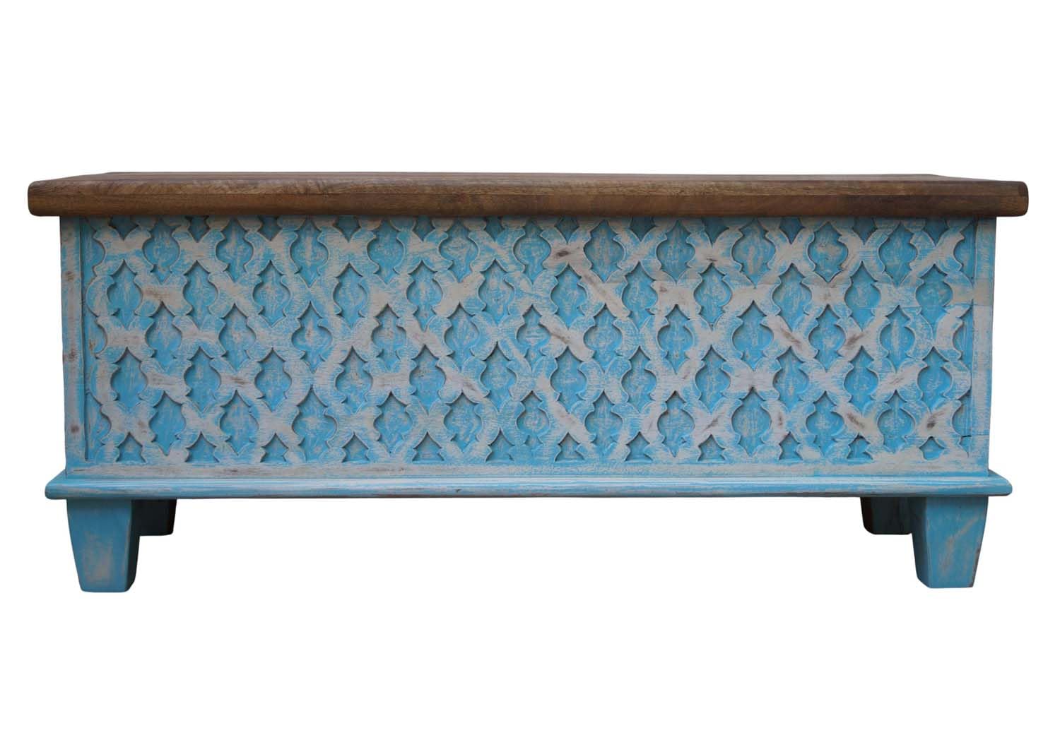 Wooden Carved Trunk, Wooden Carved Storage Trunk, Coffee Table with Storage, Center Table for Livingroom, Deccorative Box, Blanket Box, Storage Box, Floral Carved Design, Sky Blue Distress Finish-image-41
