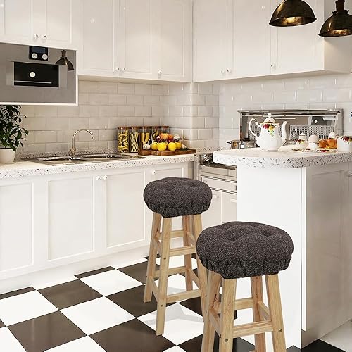 Miniatura 5 de Cojín moderno de lino para taburete de bar de diámetro 12, diseño moderno entrelazado de silicona, funda de cojín redonda acolchada (marrón oscuro,