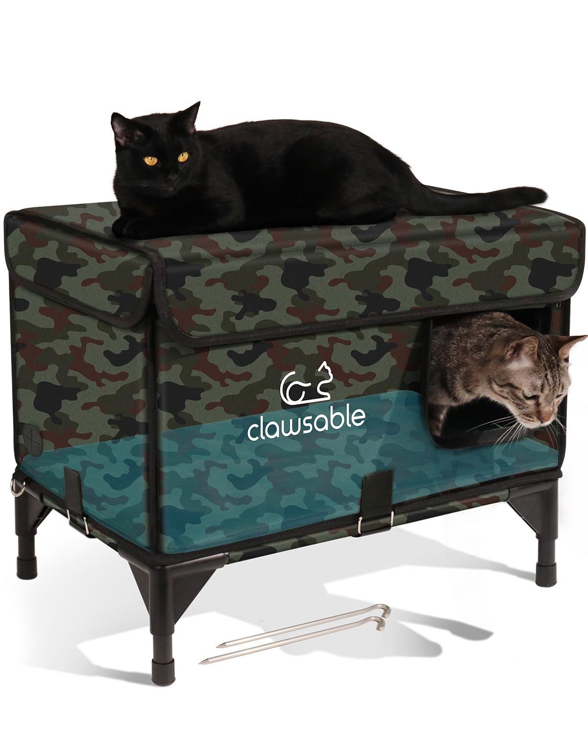 2 in 1 Indestructible Cat House for Outdoor Cats in Winter, Extremely Waterproof, Fully Insulated & Elevated Outside Feral Cat House Shelter for Stray Barn Cat (Camo Green, M)