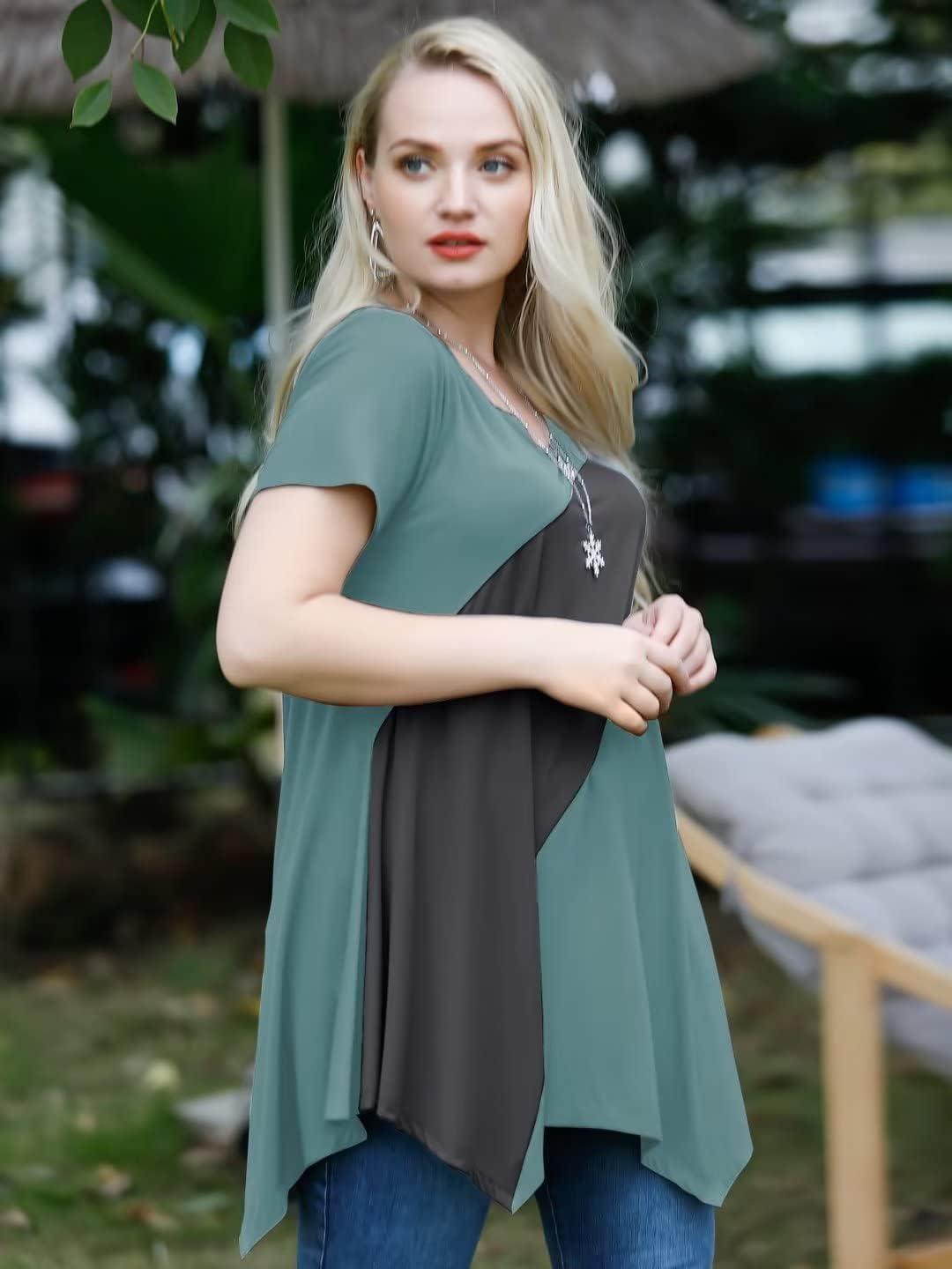 LARACE Plus Size Tops for Women V Neck Summer Shirt Short Sleeve Blouses Patchwork Tunics - Image 3