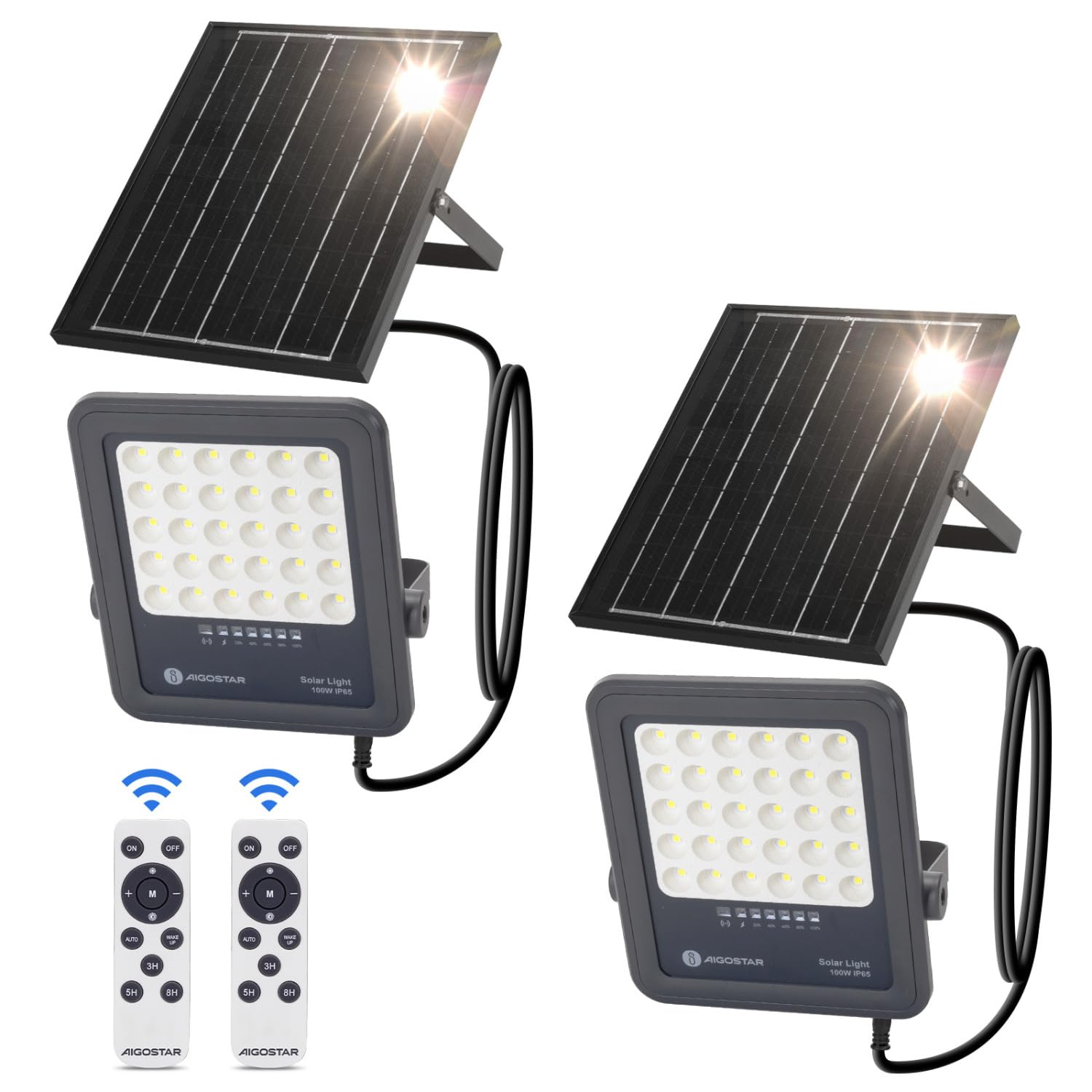 Aigostar Foco proyector LED solar con control remoto,Focos solare de 100W,1000LM,luz blanca fría de 6500K,IP65 impermeable Luz solar exterior,para jardín,terrazas,garajes,cable de 2M,Paquete de 2