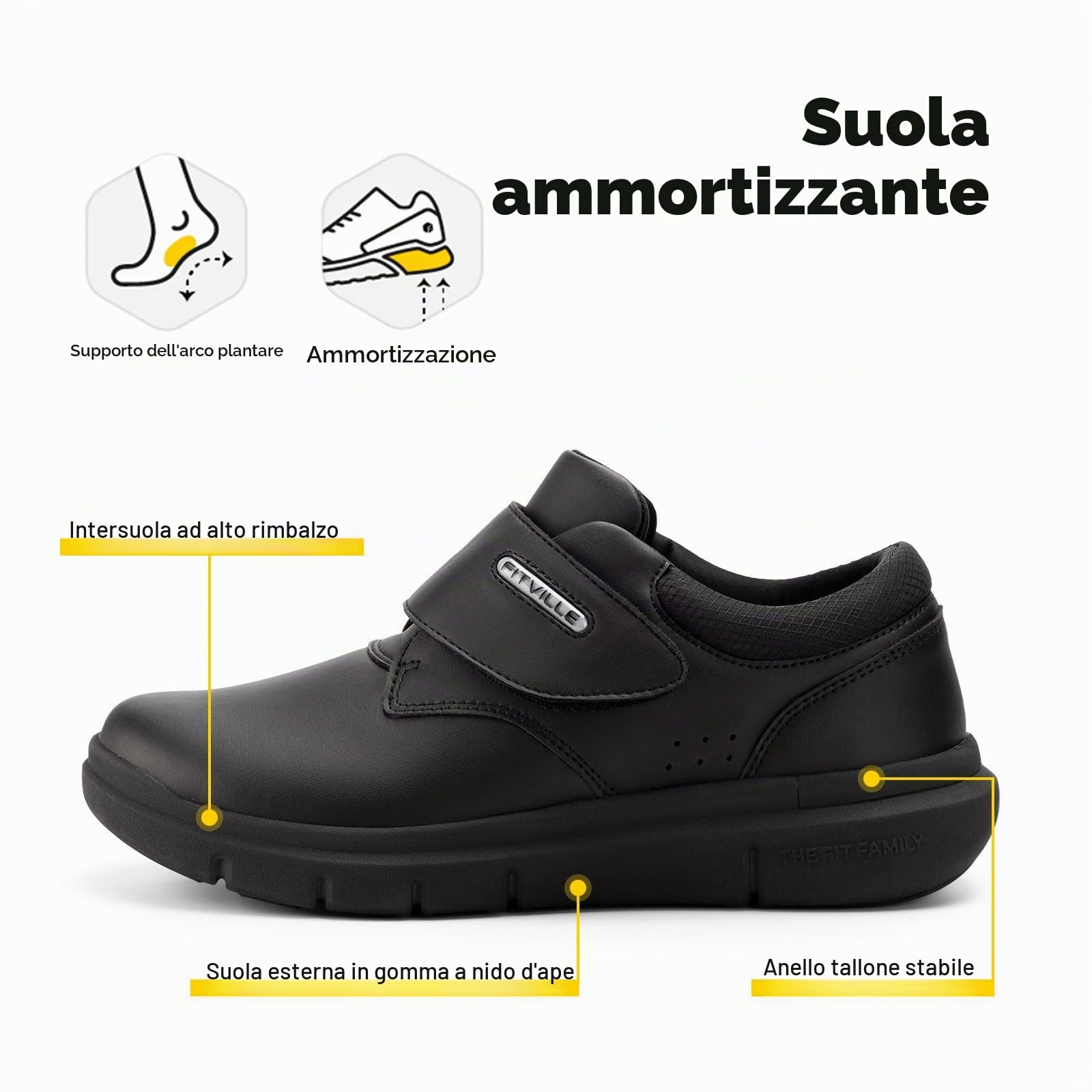 FitVille Scarpe Uomo Pelle Extra Larghe Scarpe con Chiusura a Strappo Sneaker Regolabile per Piedi Sensibili