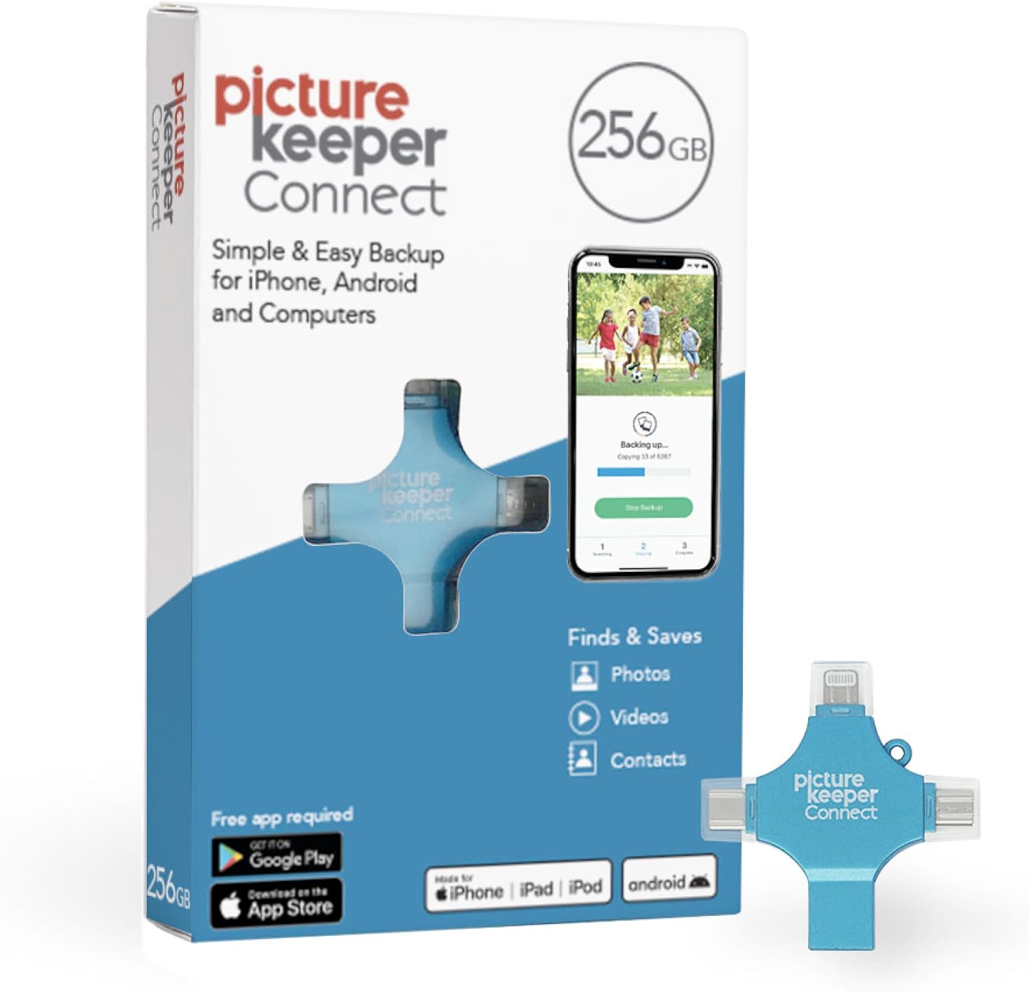 Picture Keeper Connect for iPhone, Android, USB-C, PC & Mac - 256GB USB Stick Backup for Photos, Videos, Contacts, Flash Drive Memory Backup, External Storage Thumb Drive - 256GB, Berry