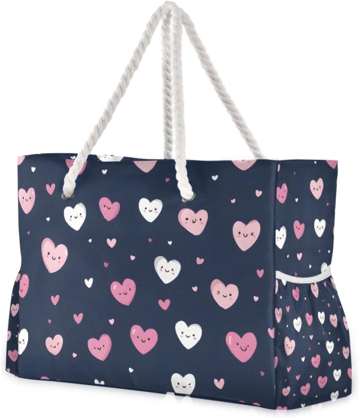 OTVEE Cheerful Pink and White Heart Beach Bags for Women Ladies Large Canvas Tote Shoulder Bag Waterproof Travel Bags for Gym Swim Pool Camping