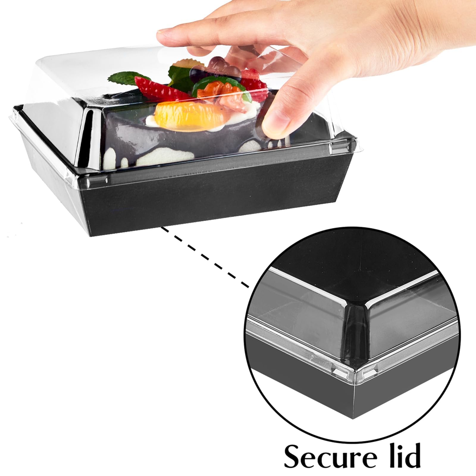 Ocmoiy Charcuterie-Boxen mit transparenten Deckeln, quadratisch, 12,7 cm, quadratisch, schwarz, Keksboxen, kleine Leckerli-Boxen für Kuchenscheiben, Gebäck, Sandwich, Dessert To Go, 100 Stück