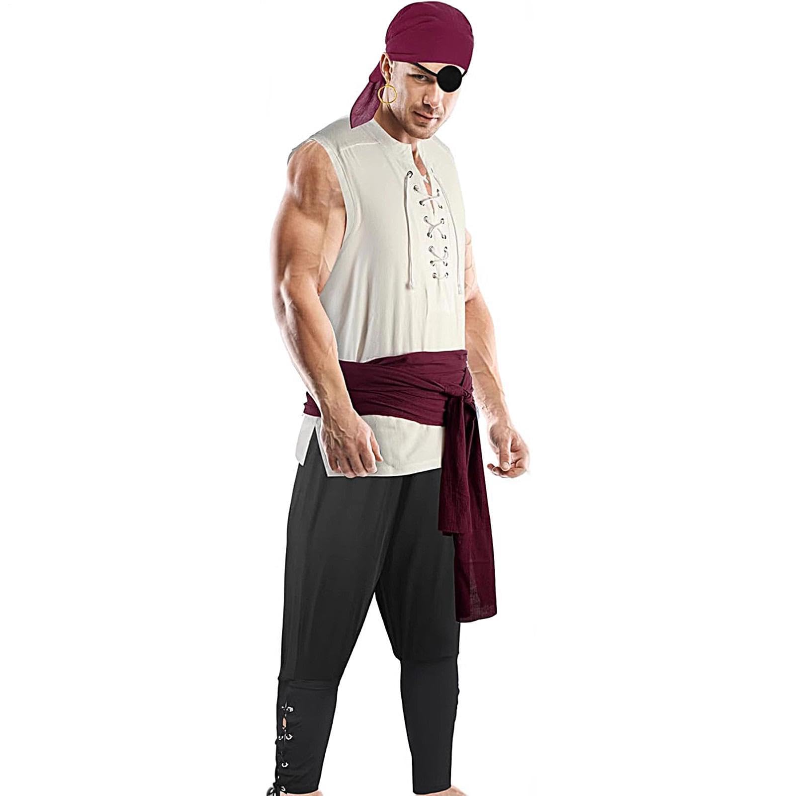 Costume Da Pirata Uomo Con Bandana Cintura Benda Occhio Orecchino Camicia | Outfit Medievale Pirata Cosplay Uomo Per Festival Parata Evento Ballo Di Fine Anno Travestimento E Fotografico