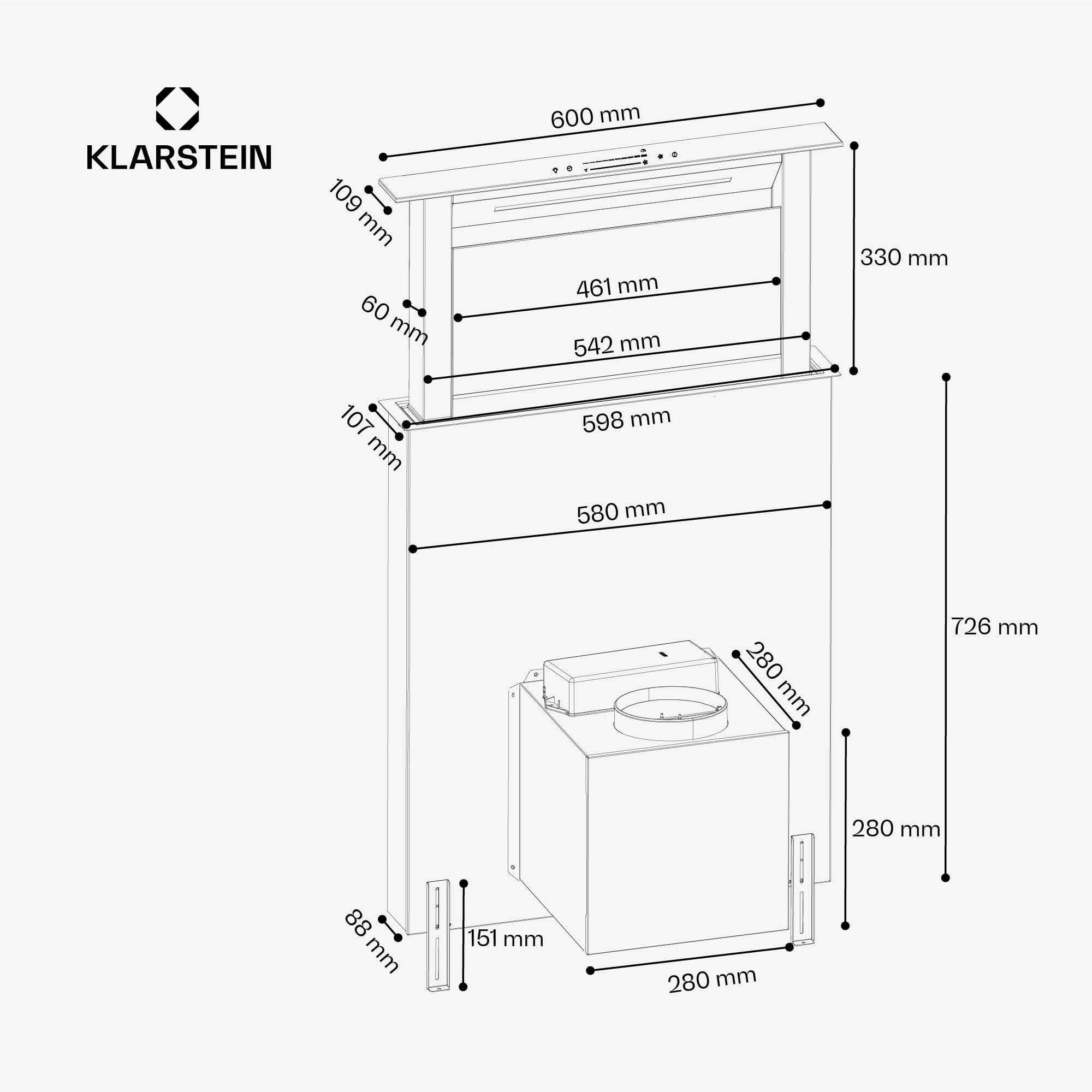 Klarstein Victoria Cappe a Scomparsa - A Efficienza Energetica, 713,8 m³/h Flusso d'Aria, Super Silenziosa 52 dB, Pannello Touchscreen, Filtri Lavabili, LED, Nero