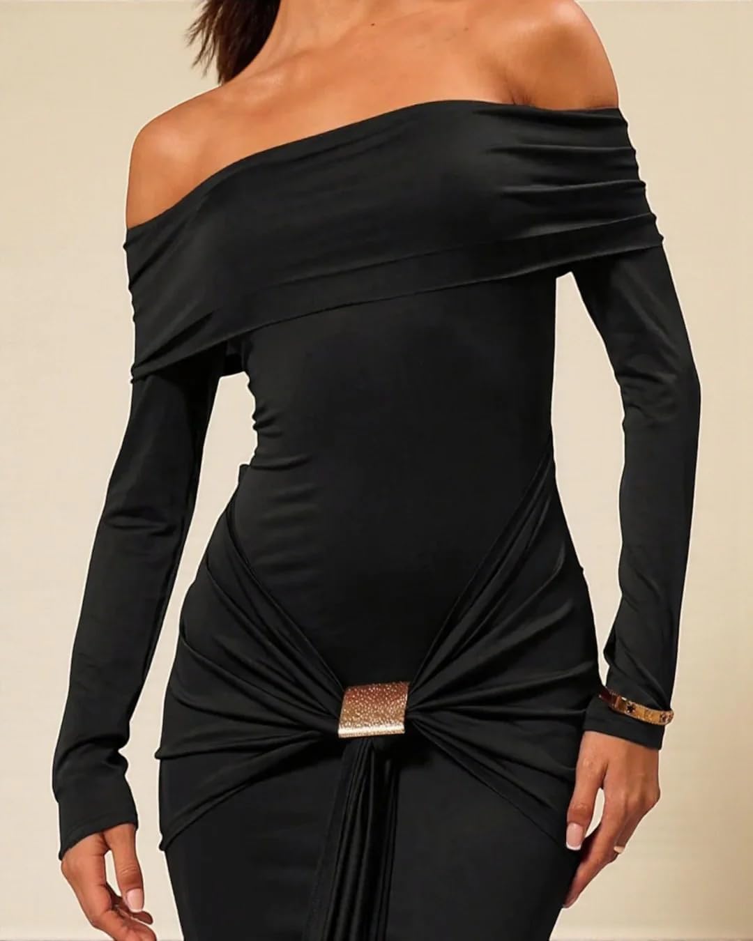 Women's Grace Maxi Dress Off Shoulder Long Sleeve Bodycon Elegant Solid Formal Gown for Wedding Guest - Image 4