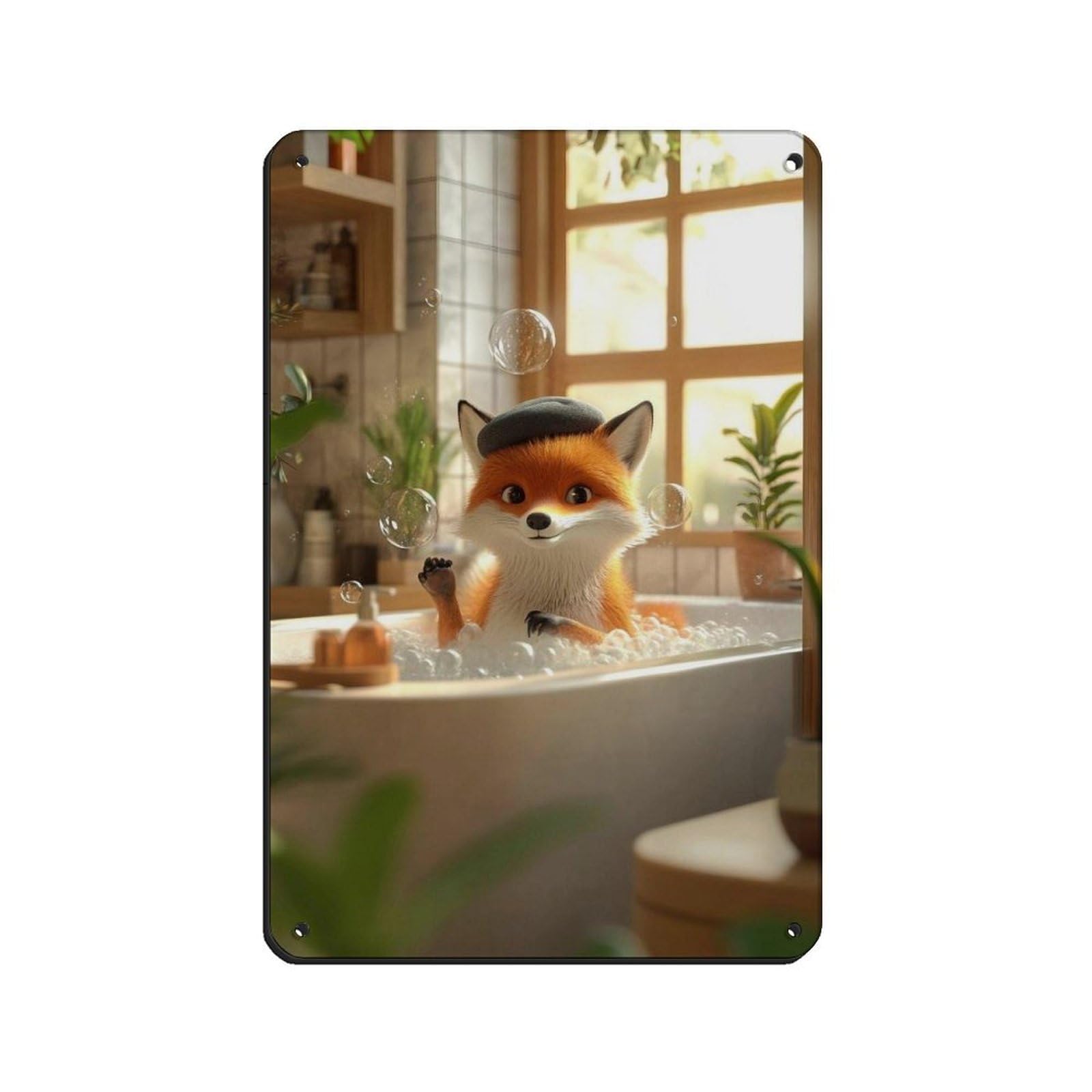 Cute Fox in Bathtub, Animal Bathroom Retro Poster Metal Tin Sign Chic Art Retro Iron Painting Bar People Cave Cafe Family Garage Poster Wall Decoration 8x12inch(20x30cm)
