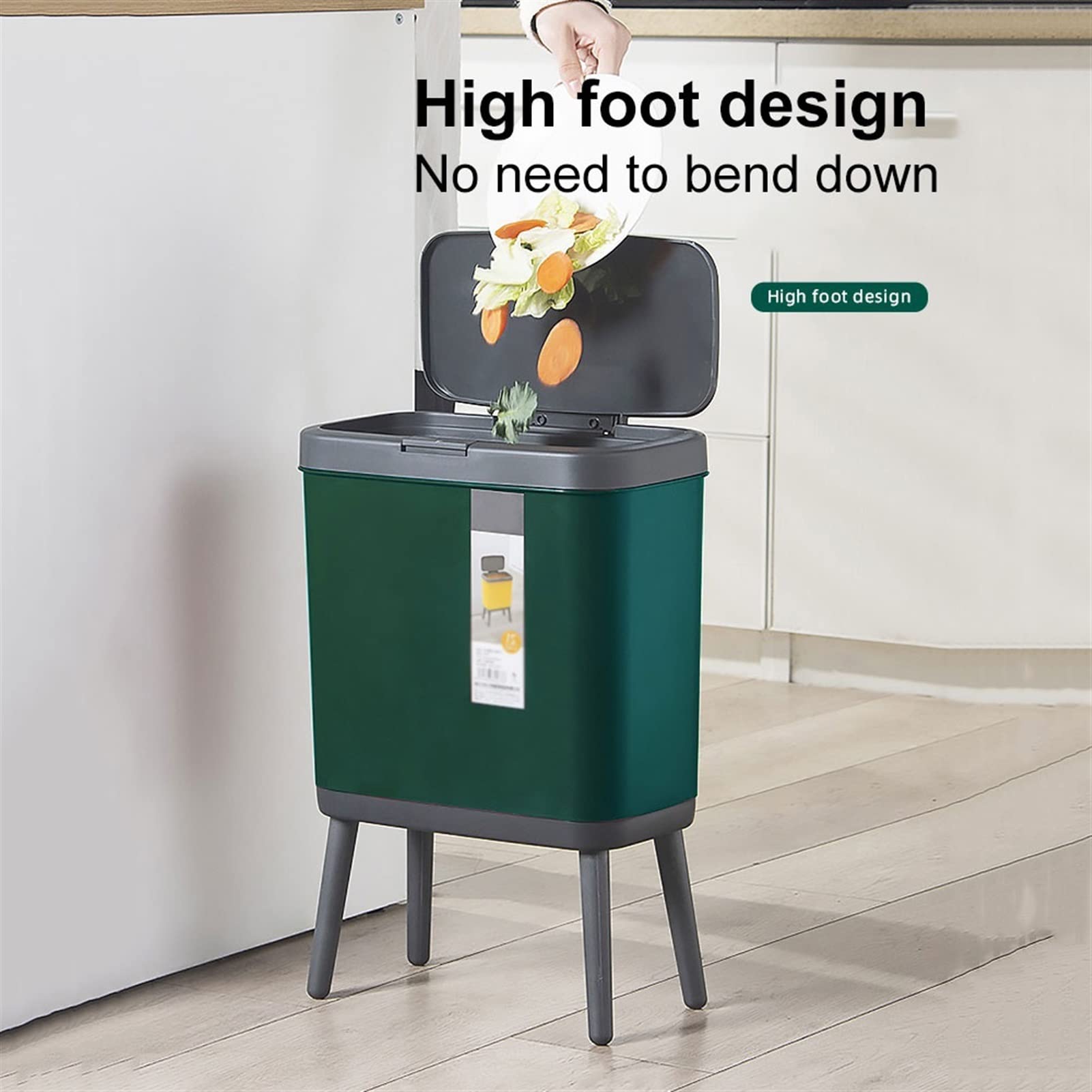 TOMYEUS Abfallbehälter 15l High Foot Küchenmüll kann kreativer Pressetyp for Plastik -Toiletten -Badezimmerabfälle mit Deckelmüll dose Mülleimer (Color : Green)