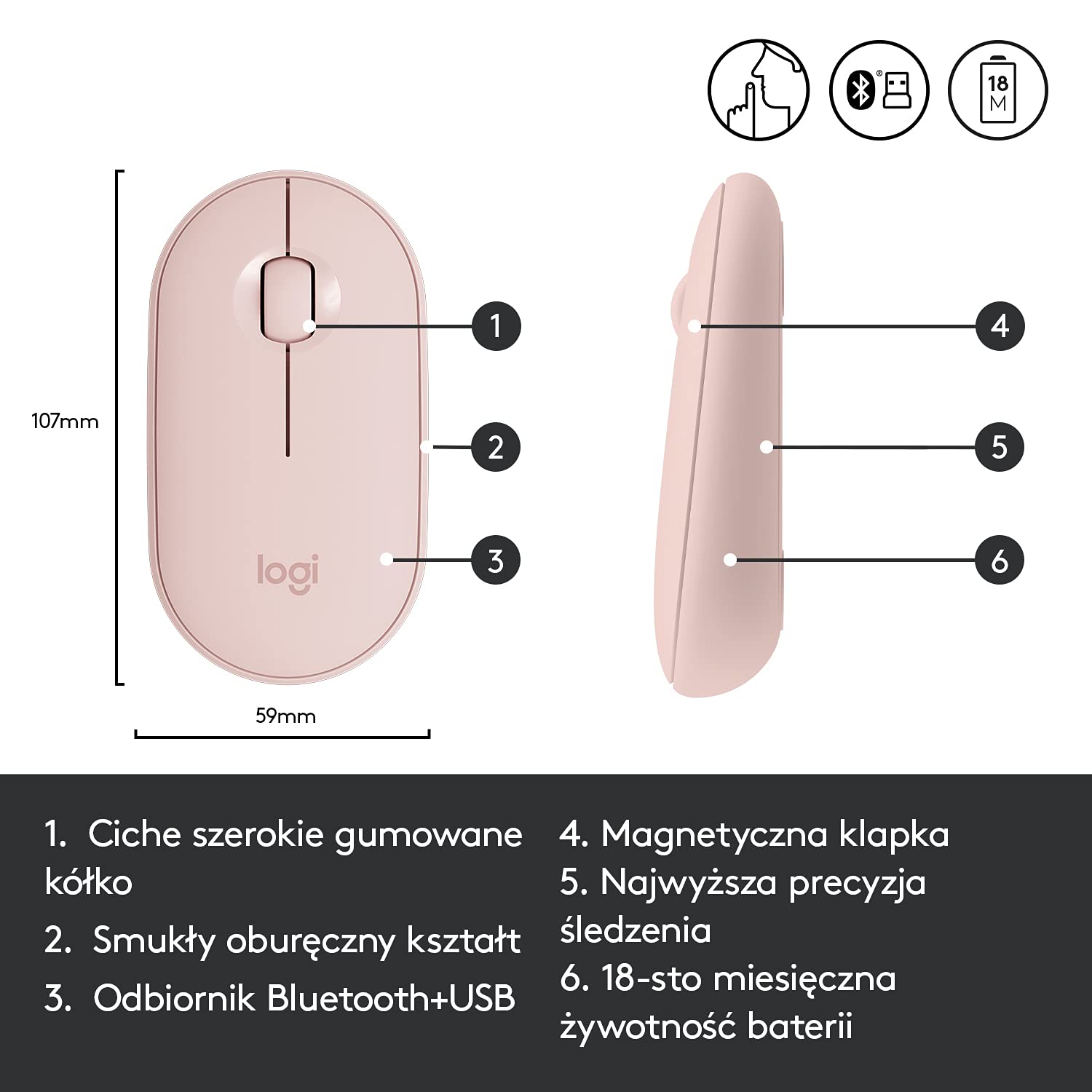 Logitech Pebble Mysz bezprzewodowa z Bluetooth | Odbiornik 2,4 Ghz, cicha, smukła mysz komputerowa dla laptopów / notebooków / iPadów / PC / Mac / Chromebook - Różowy