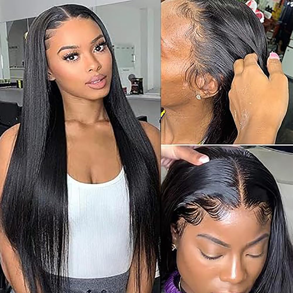 Parrucca Donna Capelli Veri Umani 13x1 Lace Front Wig Straight Human Hair Wig Natural Black Wig Pre Plucked with Baby Hair 180% Density Hair 32 Pollice
