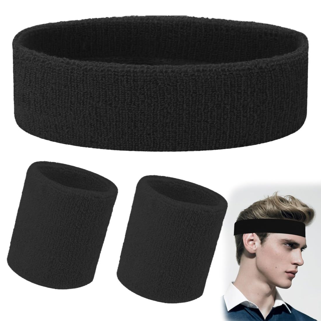 Cinturino Sportivo Set Fascia da Polso per Sport Cinturini in Spugna Cinturino da Polso Cinturino da Polso Fascia per Capelli Traspirazione dell'umidità Fascia Assorbente per Il Sudore（nero）
