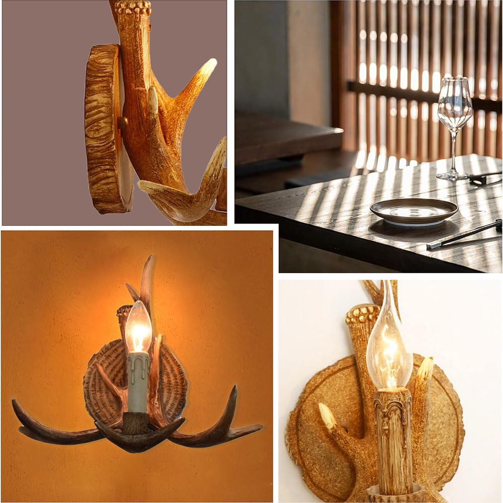 KZT Vintage Industrial Wandleuchte Innen E27 Retro Kerzen Wandlampe Geweih Design Wandlicht Rustikal Kreativ Harz Wandbeleuchtung für Schlafzimmer Wohnzimmer Küche Cafe Bar Flurlampe ohne Glühbirne