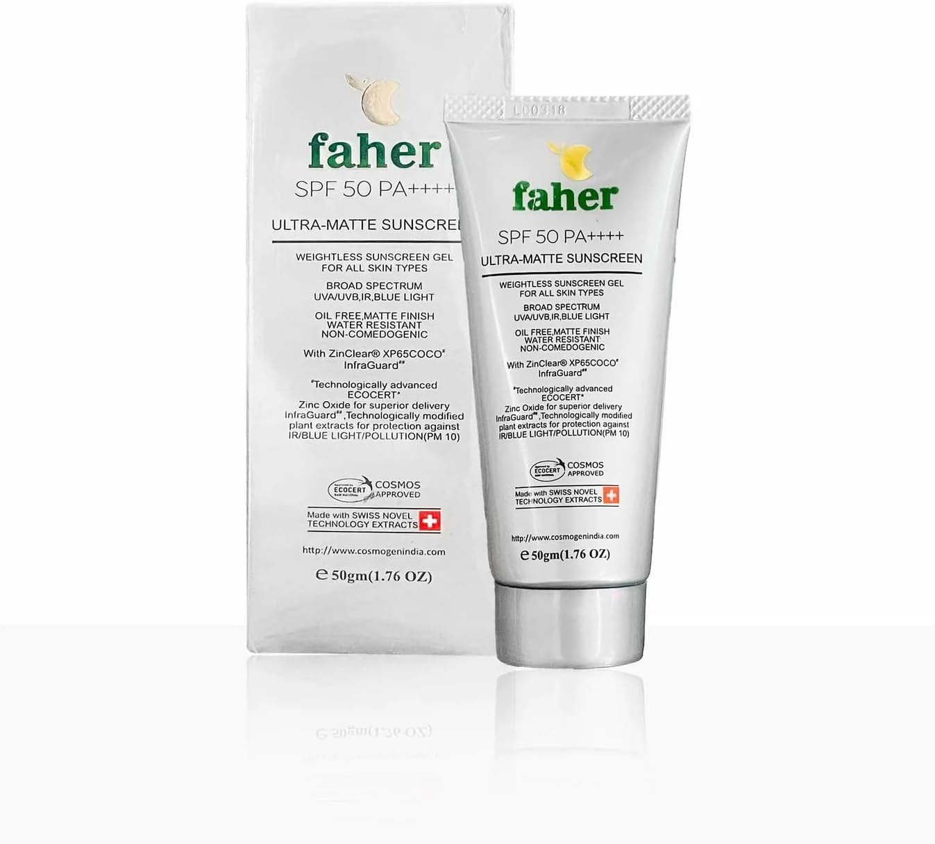 Faher Ultra Matte Sunscreen SPF 50 PA+++ | For Oily, Dry, Acne-prone Skin | Lightweight, No white-cast for Broad Spectrum & Blue Light Protection - 50g