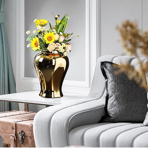 Miniatura 5 de ZHOUXIAO Jarrones de cerámica dorados, tarros de jengibre con tapa para decoración del hogar, jarrones de flores secas, tradición, porcelana china,