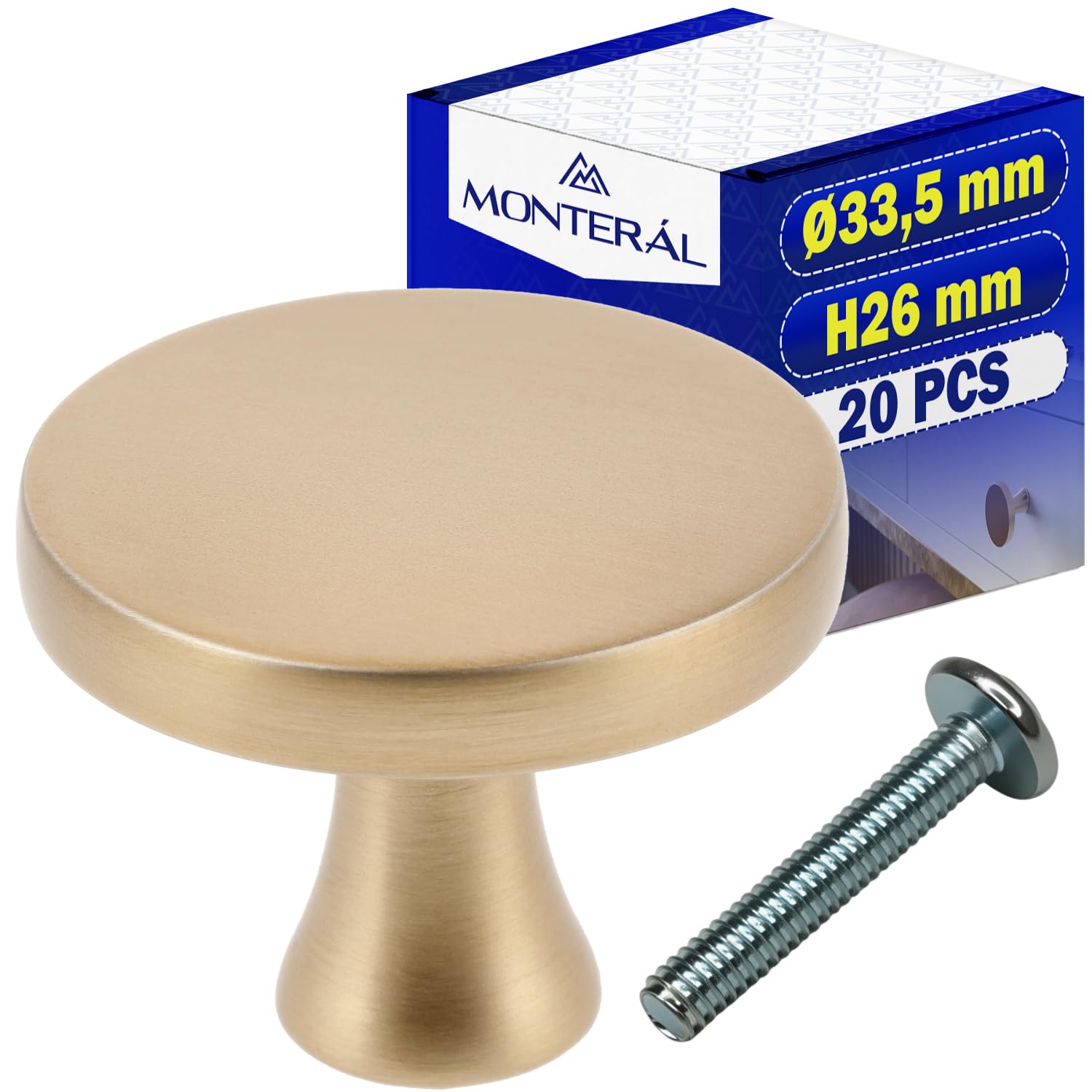 MONTERAL 20 Stück Möbelknöpfe Ø33,5 mm H26 mm - Schrankknöpfe aus Zink-Aluminium Legierung - Schrankgriffe in Goldenes Messing Farbe - Garantie 10 Jahre
