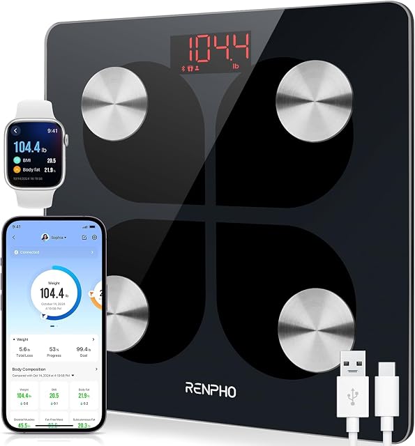 RENPHO Rechargeable Bluetooth Body Fat Scale, Elis 1 Smart Bathroom Digital Weight Scale with Smartphone App, Body Composition Monitor for Body Fat, BMI, Bone Mass, Weight, 396 lbs Black