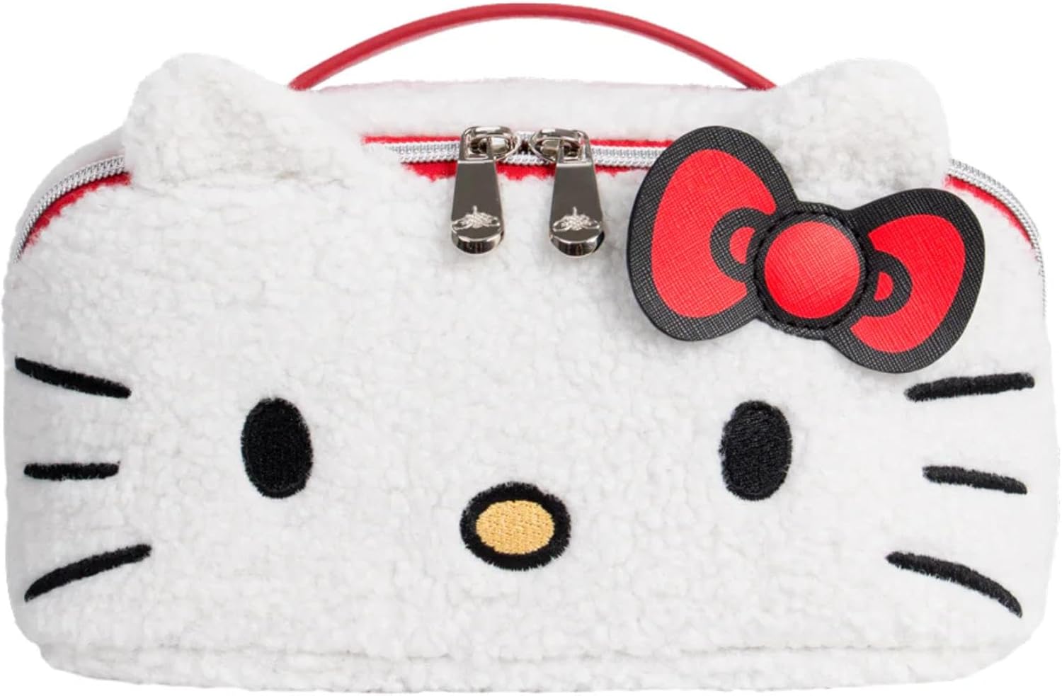 Impressions Vanity Kuromi Unfold Travel Makeup Bag Organizer, Opens Flat Zippered Cosmetic Bag with Cozy Sherpa Fabric Texture, Dual Compartments, Inner Pockets, and Top Carrying Handle