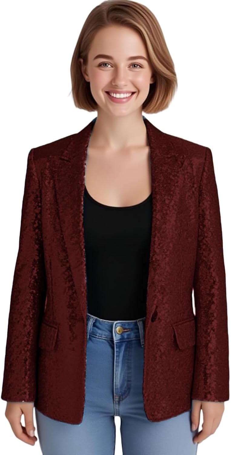 Womens Sequins Suits Blazer Open Front Jacket Party Sparkly Cardigan Coat Christmas