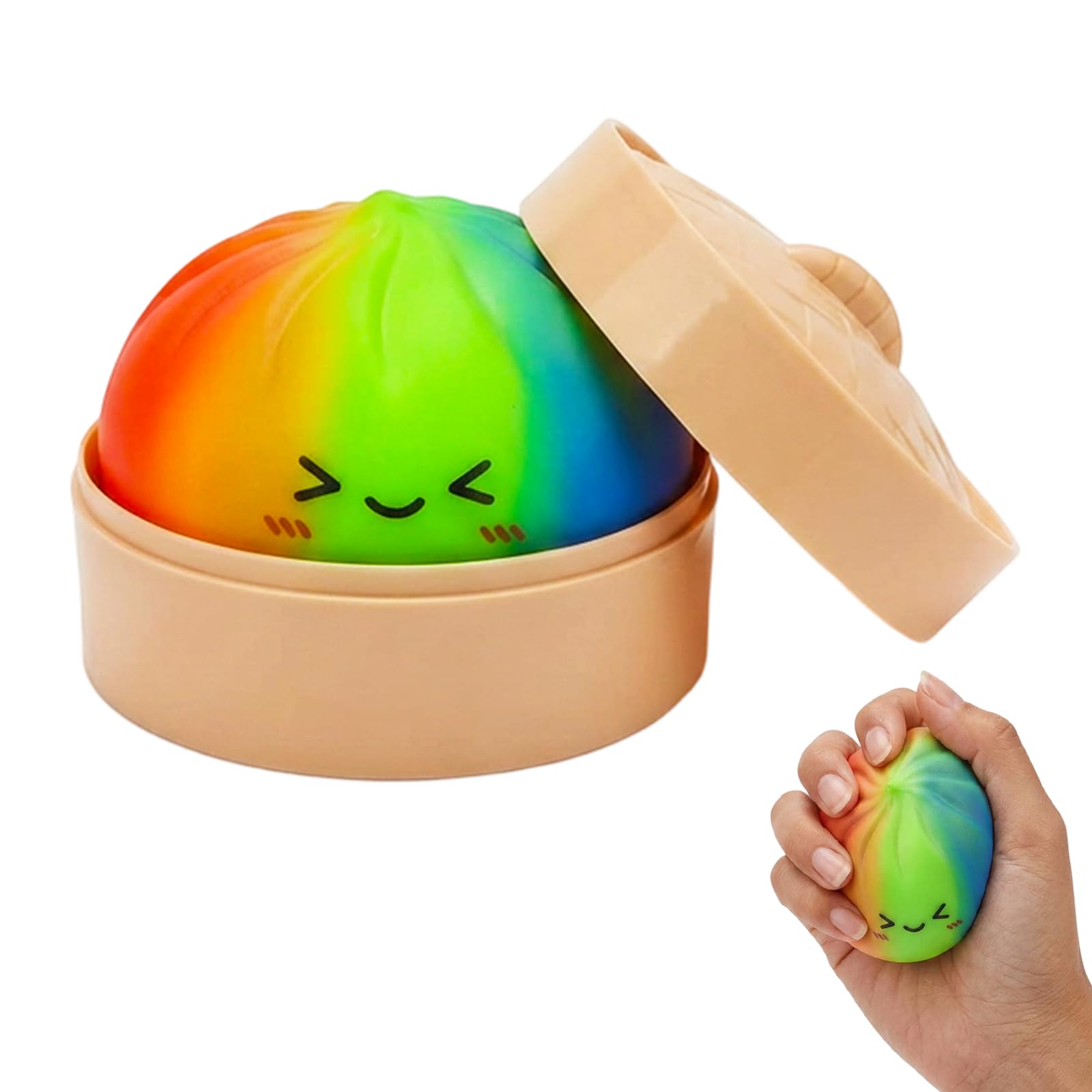 Rainbow Glitter Dumpling Squishy with Steamer Box, Cute Smiling Face Soft Squeeze Fidget Dumpling for Adults, Stress Relief Novelty Gift for Birthday Holiday