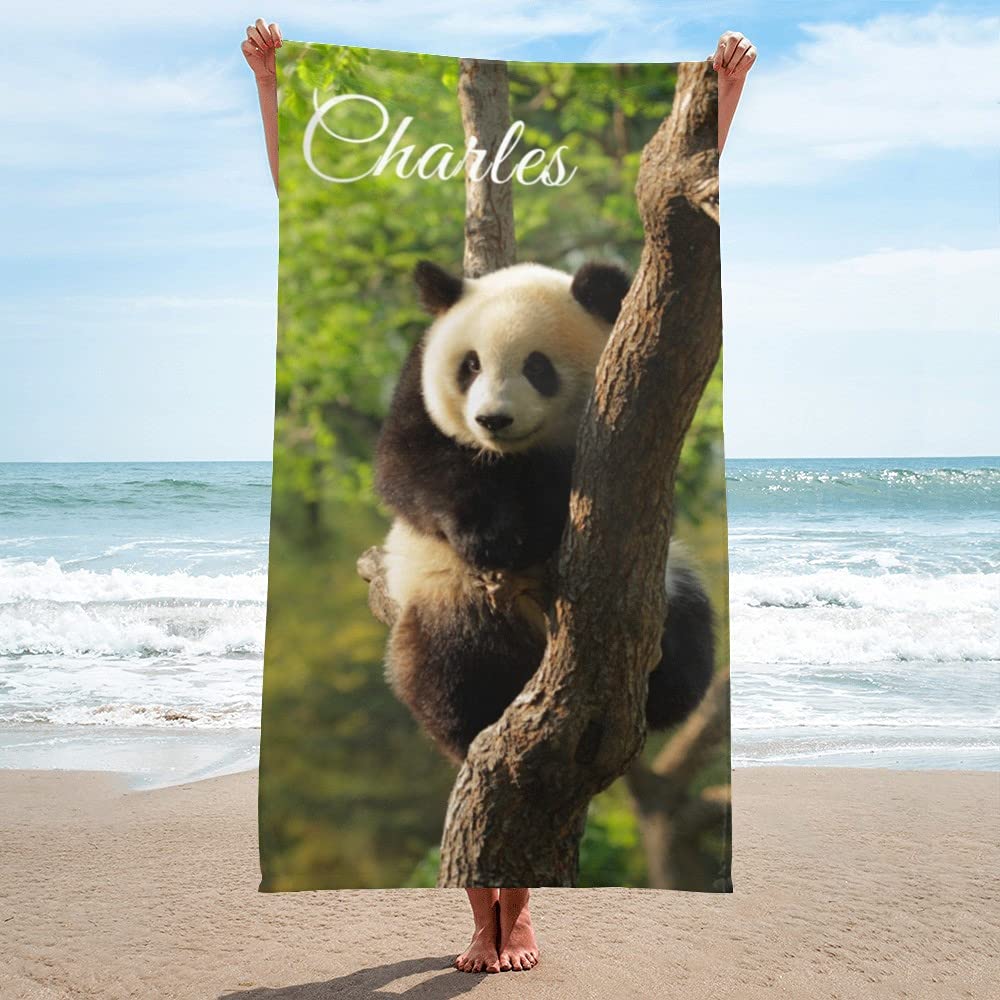 Personalized Precious Pandas Beach Towel with Name for Boy Man - Custom Cute Panda Bamboo Name Beach Towel - Customized Summer Quick Dry Travel Beach