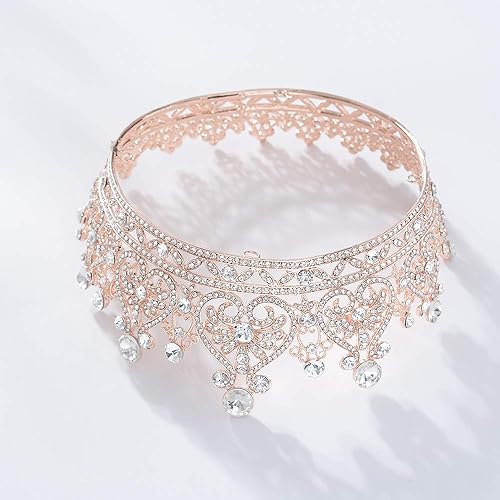 Miniatura 5 de S SNUOY Corona de oro rosa para mujer, coronas y tiaras de cristal redonda completa, para desfile, fiesta, disfraz, coronas nupciales para boda