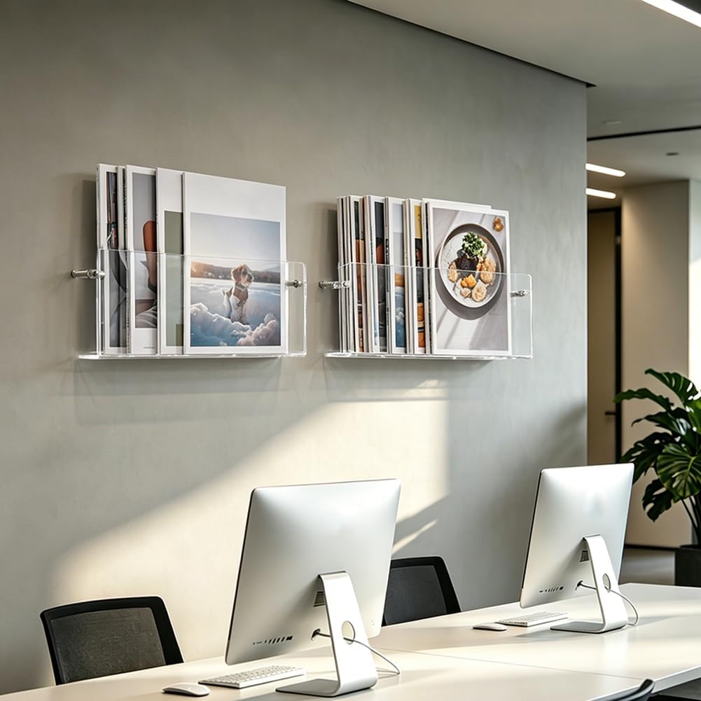 PH PandaHall 2 Set Clear Acrylic Magazine Holder, Floating Shelves Book Rack Wall Mount Hanging Bookshelf for Office Desk Home Decor Library Waiting Room Magazine Storage, 15.8"x6.1"