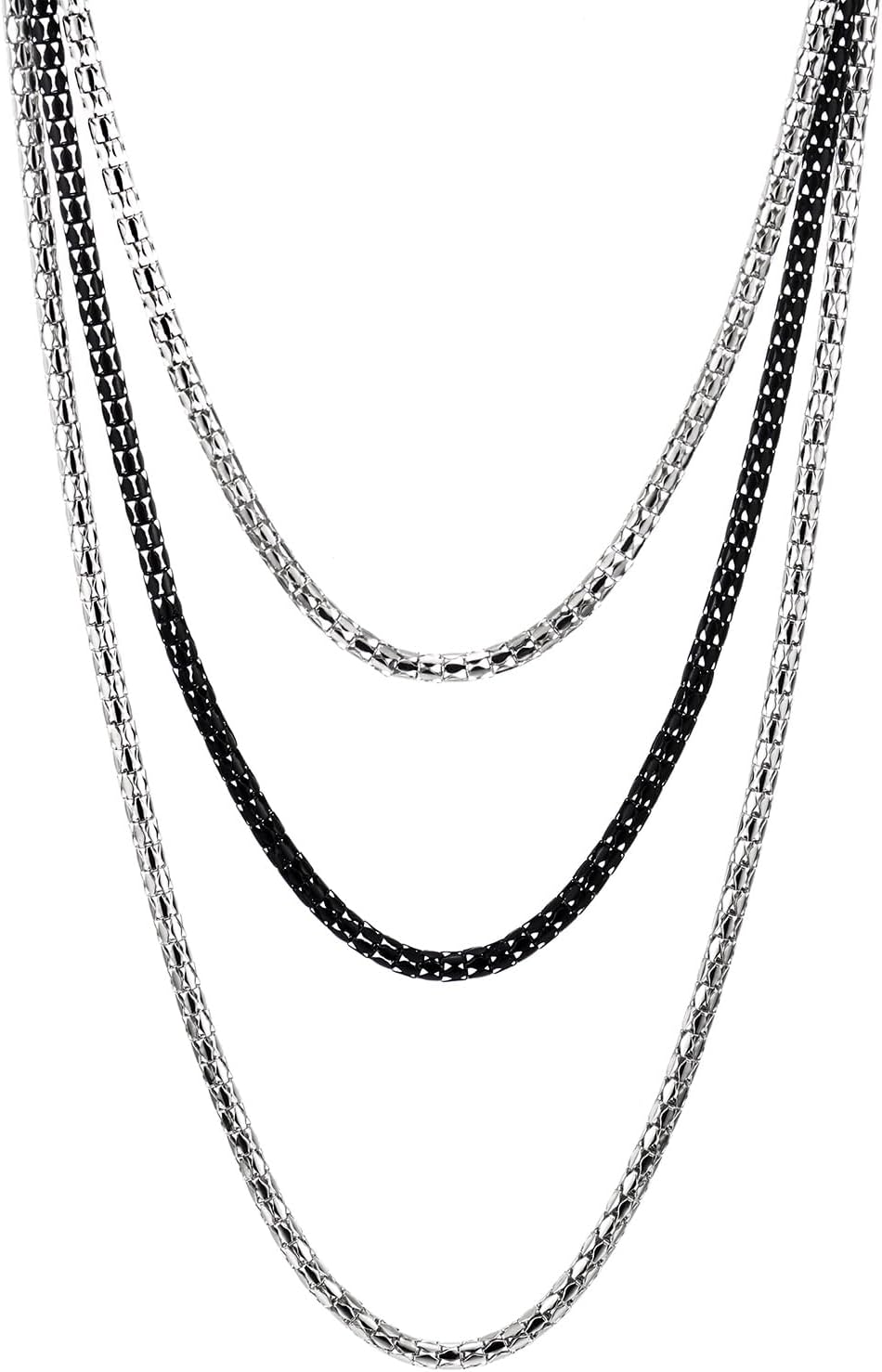 COOLSTEELANDBEYOND Waterfall Layered Statement Necklace, Silver Black Hollow Fancy Chain Three-Strand, Popular Design - Image 3