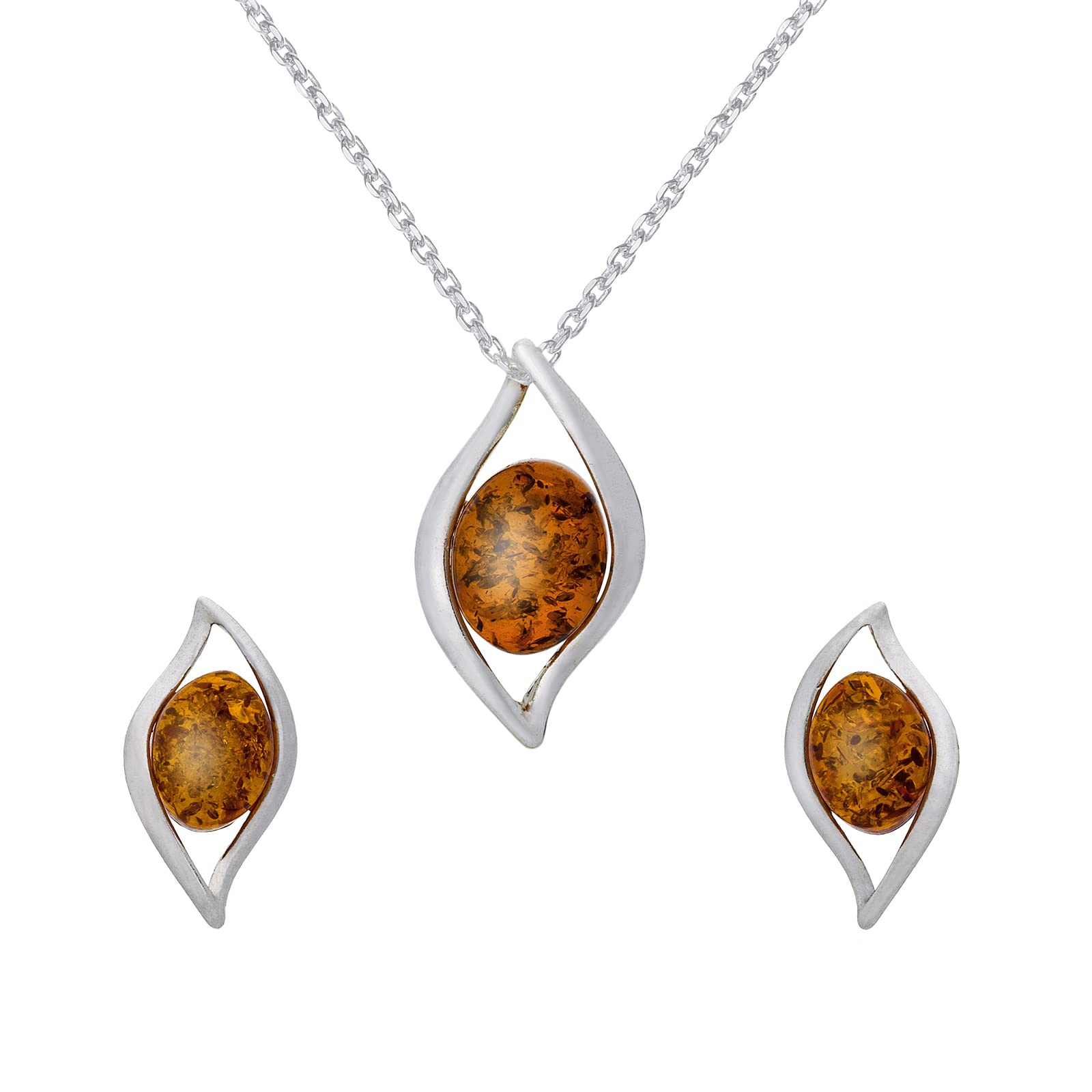 Parure di Gioielli da Donna Fiamme D'ambra, Argento Sterling Lucido, Ambra Baltica Color Cognac, Ciondolo in Argento su Catena e Orecchini