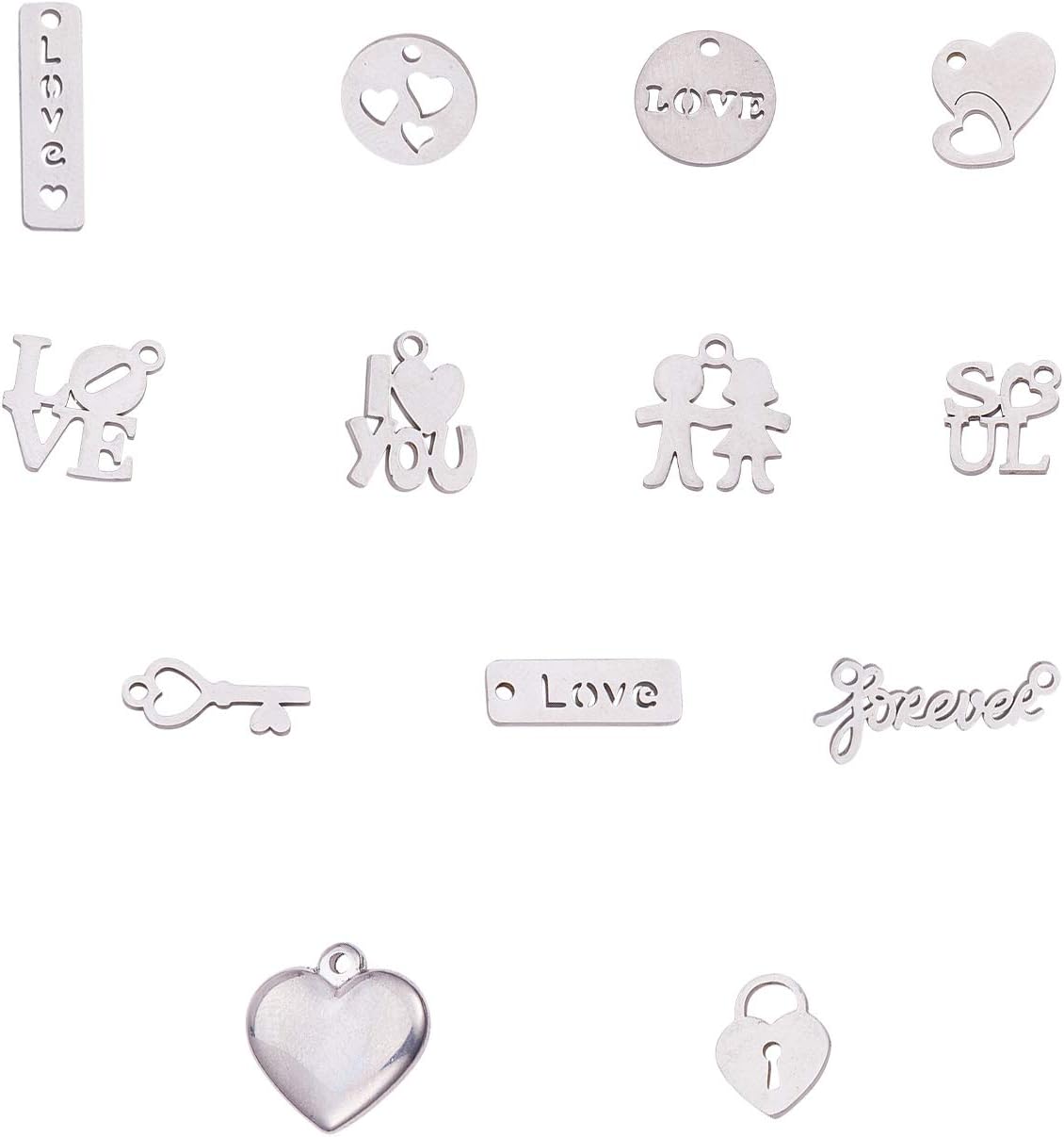 Unicraftale 13種 混合形状チャーム 304ステンレス製金属ペンダント ハート 文字love ロック 長方形 円形 愛情シリーズ 可愛い ステンレス鋼色 メタルチャーム 垂れ飾り ネックレスパーツ ジュエリー作り ネックレスブレスレットイヤリング用 アクセサリーパーツ 手芸 Diy