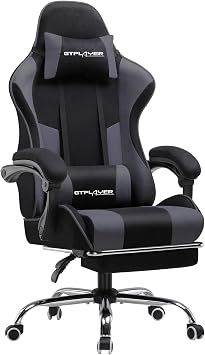 GTPLAYER Fabric Gaming Chair, Massage Ergonomic Computer Chair with Footrest, Lumbar Support, Headrest, Height Adjustable Home Office Reclining PC Racing Chairs, Grey