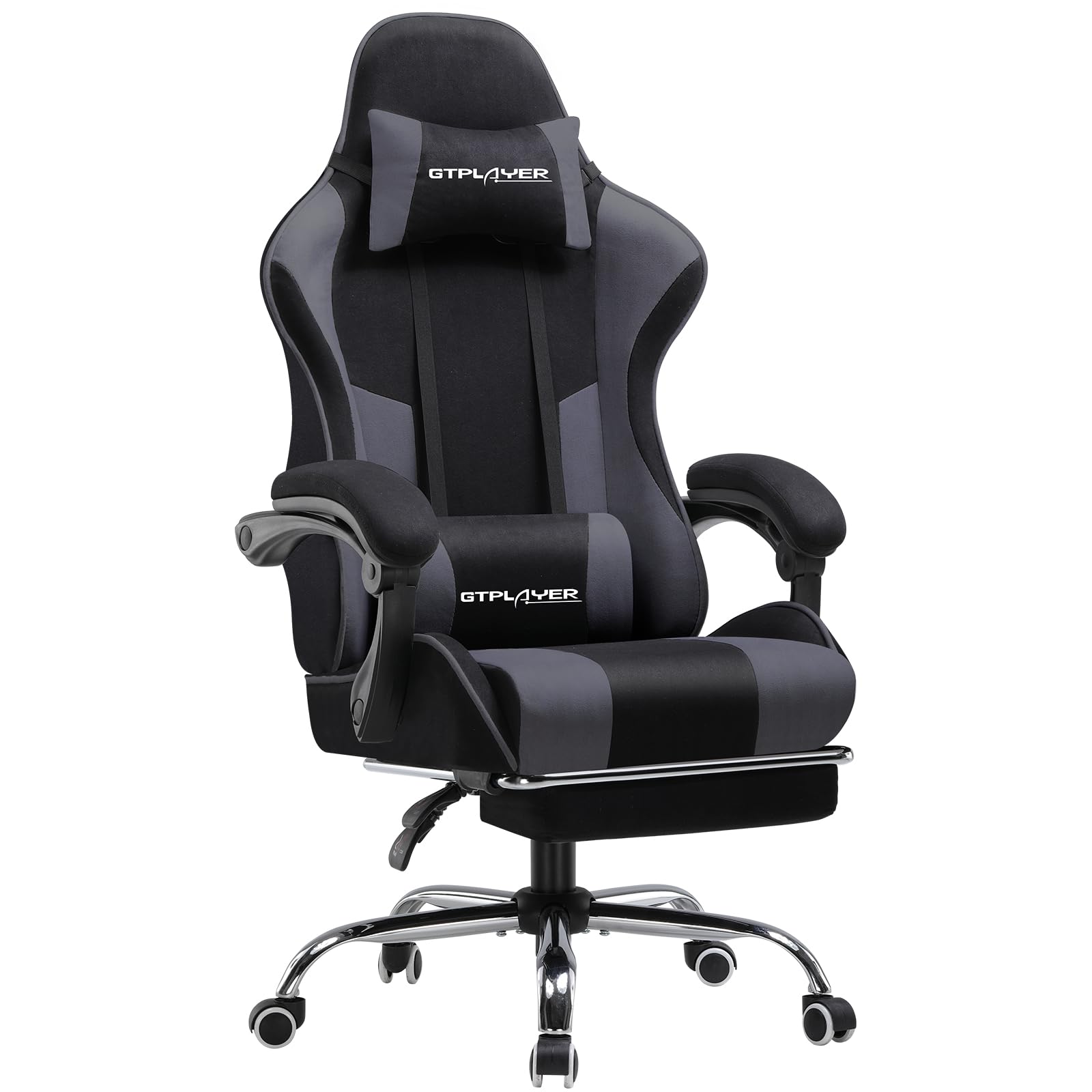 GTPLAYER Fabric Gaming Chair, Massage Ergonomic Computer Chair with Footrest, Lumbar Support, Headrest, Height Adjustable Home Office Reclining PC Racing Chairs Grey