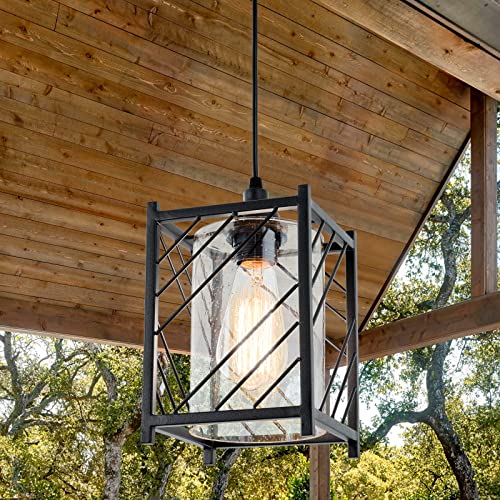 Outdoor Pendant Light Fixture, Modern Exterior Hanging Porch Lantern, Farmhouse Black Ceiling Hanging Porch Fixture, Metal With Bubbled Glass 1-Light Hanging Chandelier For Kitchen Entryway Patio #TOP6