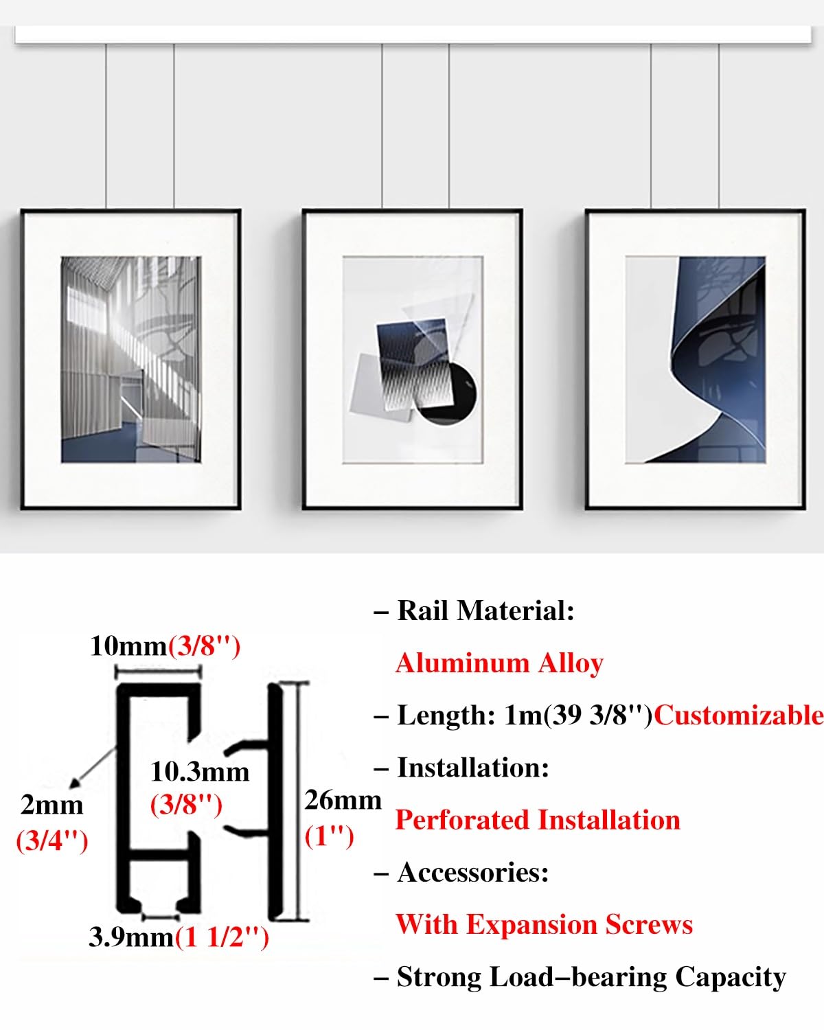 Colgar Cuadros Ganchos para Riel de Cuadros y Estante de Alambre con Tapa, Kit para Colgar Cuadros en La Pared de Una Galería de Arte, Riel Fotográfico para Museos Como Fondo para Caminar(Black,4.9'/1