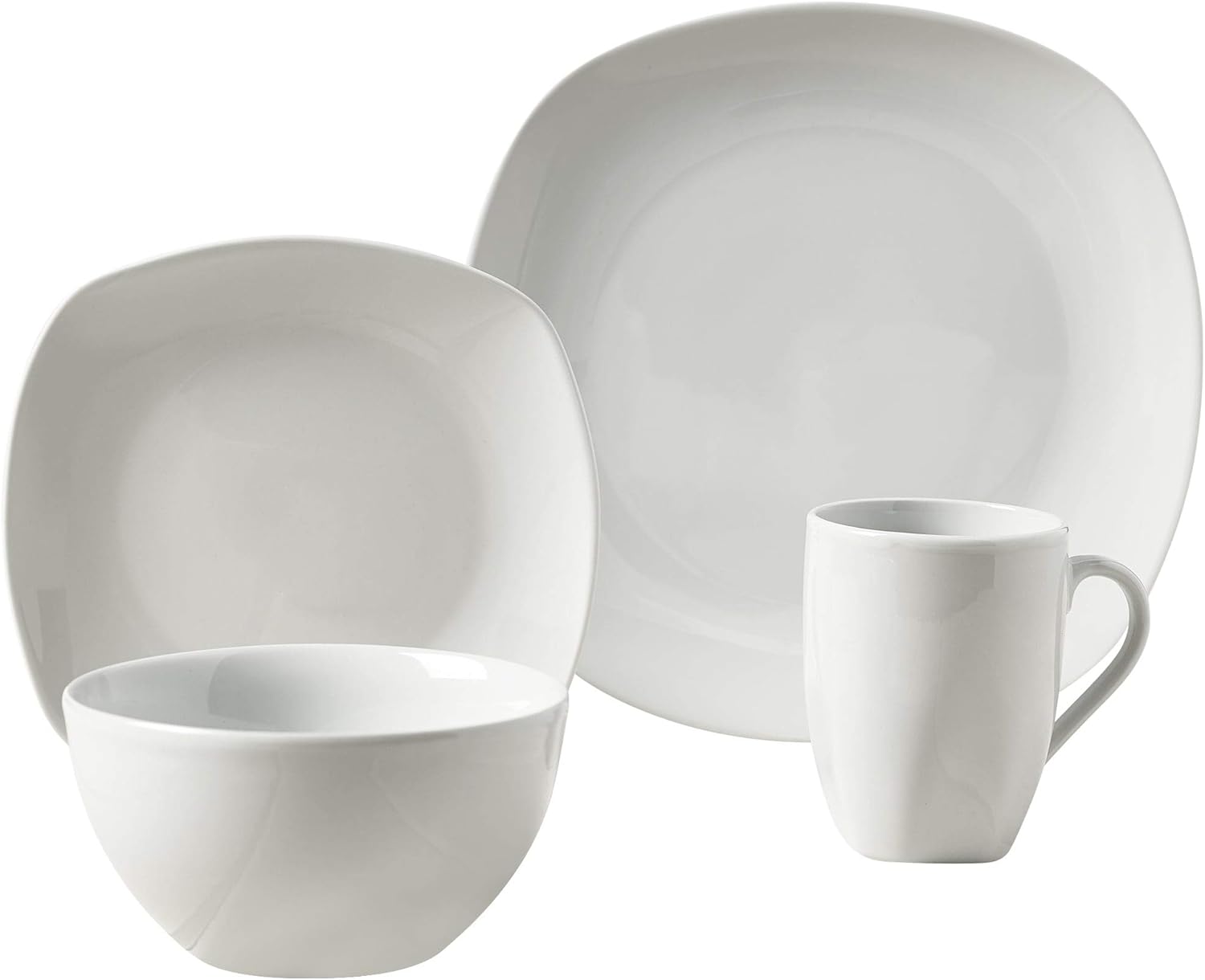16pc Soft Square Porcelain Dinnerware Set White Solid Casual 16 Piece Dishwasher Safe Microwave