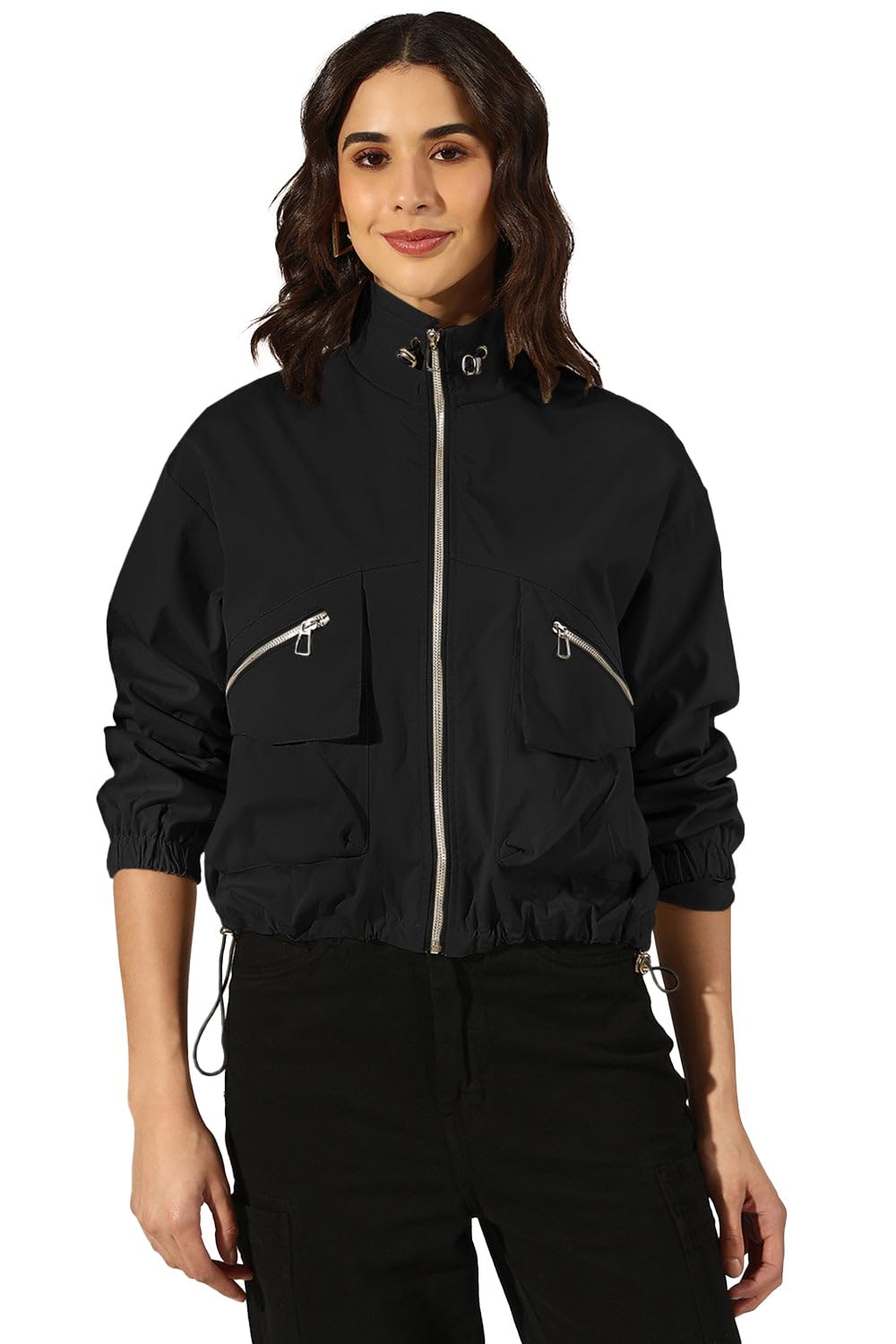 Women Solid Bomber Jacket | High Neck Full Sleeves Nylon Jacket for Womens | Regular Length Jacket for Women's | Black-M-image-2