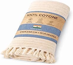 100% Cotton Made in India 210 x 240 cm + Fringes 7 cm – Universal Sofa Cover, Double Bedspread, Boho Wall Cover, Lightweight Summer Blanket, Multi-Purpose Furniture Throw (Pan)
