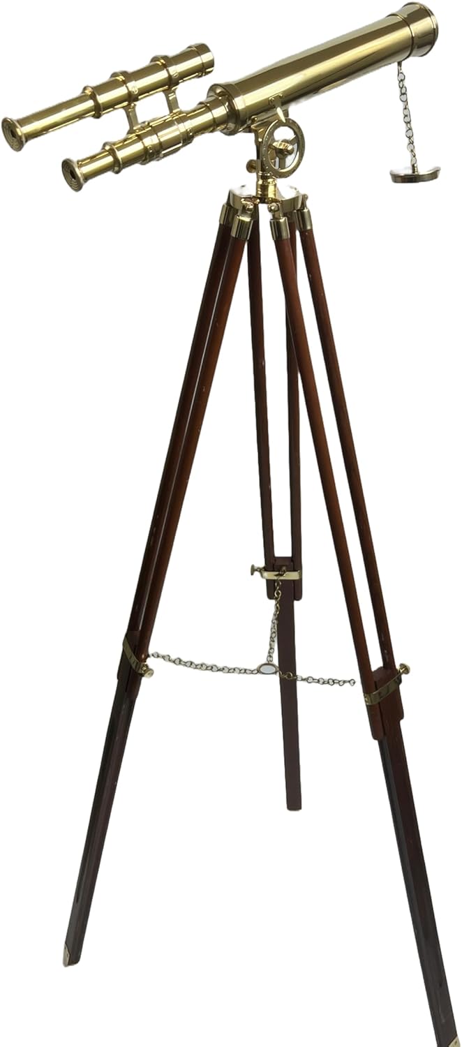 Sharpsight Classic 18” Brass Target Telescope with 10X Magnification & 37mm Lens – Mounted on Wooden Tripod with Brass Fittings
