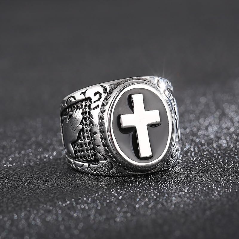 FATACI Vintage Men Ring Stainless Steel Religious Prayer Holy Cross Ring with Black Enamel Christian Jewelry Size8-12 - Image 6
