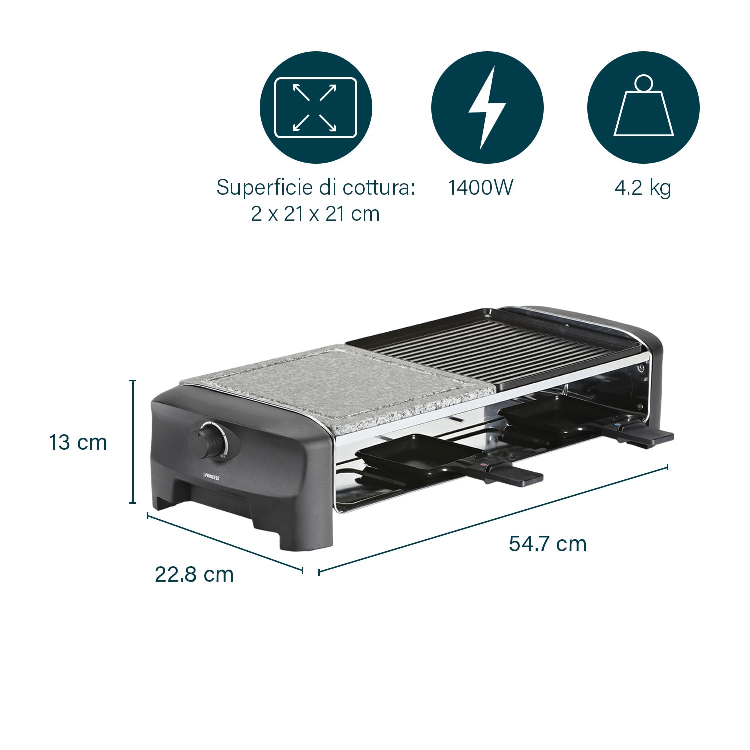 Princess 8 Stone & Grill Party 162820 Raclette con Piastra in Pietra e Griglia in Alluminio 162820, 1300 watt, 8 persone, Nero