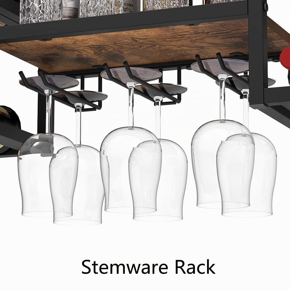 VEDECASA Mensola per vino da parete industriale con 3 supporti per bicchieri a vapore, mensola parziale in legno, supporto per bottiglie in metallo nero, espositore multifunzionale per vino per casa