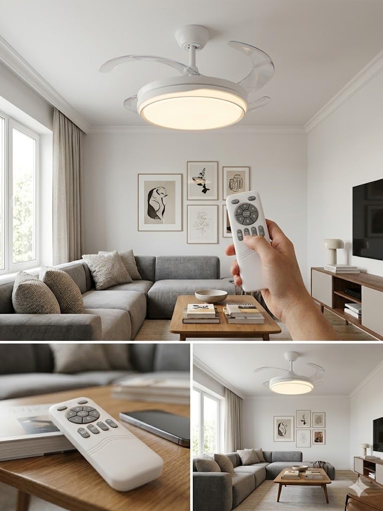 Genérico Ventilador de Techo con Luz LED Regulable, 4 Aspas Transparentes, Motor DC Silencioso, 6 Velocidades, Función Inversa Verano/Invierno, 60W, con Mando a Distancia