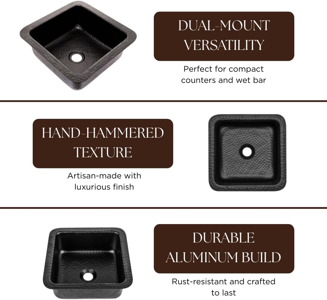Monarch Abode Kitchen & Bar Sink – 12-inch Glasgow Dual Mount Drop in Bar Prep Sink, Hand Hammered Matte Black Aluminum Sinks, Drop in or Undermount Kitchen Sinks, Decorative Single Dual Mount Bowl